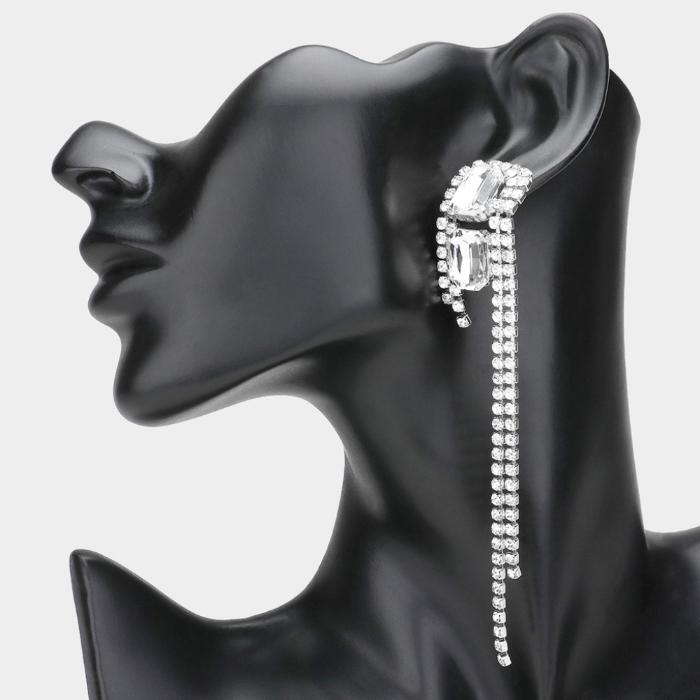 Silver Cluster Fringe Crystal Dangle Earrings 5" Tassel Rectangle Jewelry
